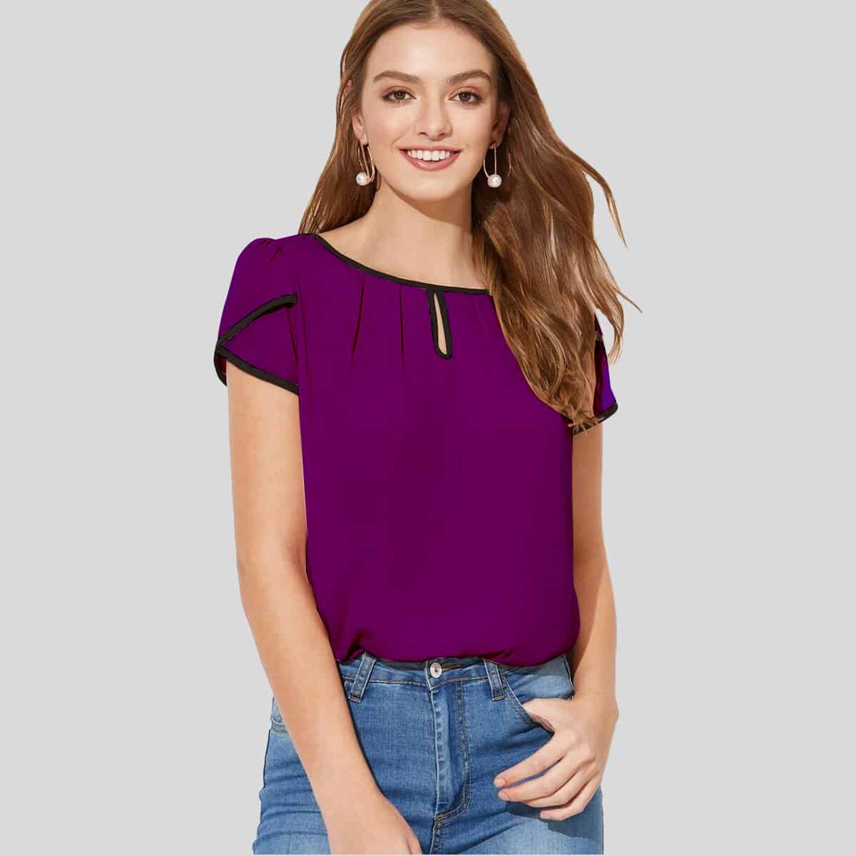 Purple Petal Sleeve Contrast Binding Top-RCT092