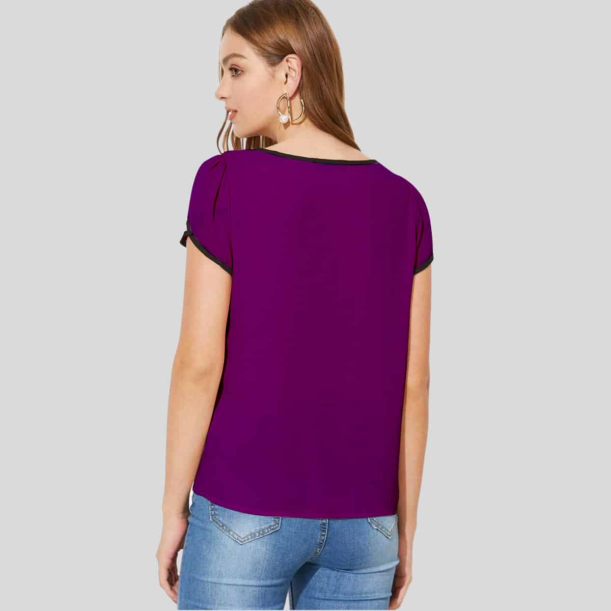 Purple Petal Sleeve Contrast Binding Top-RCT092