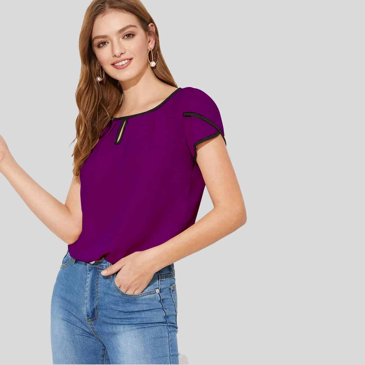 Purple Petal Sleeve Contrast Binding Top-RCT092