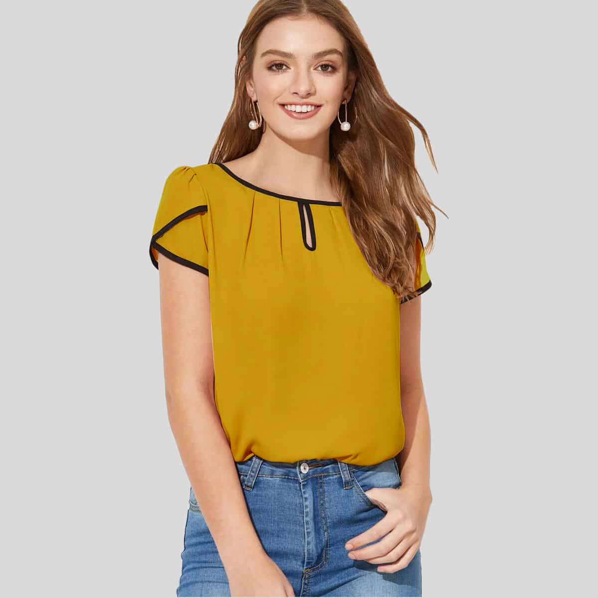 Yellow Petal Sleeve Contrast Binding Top-RCT093