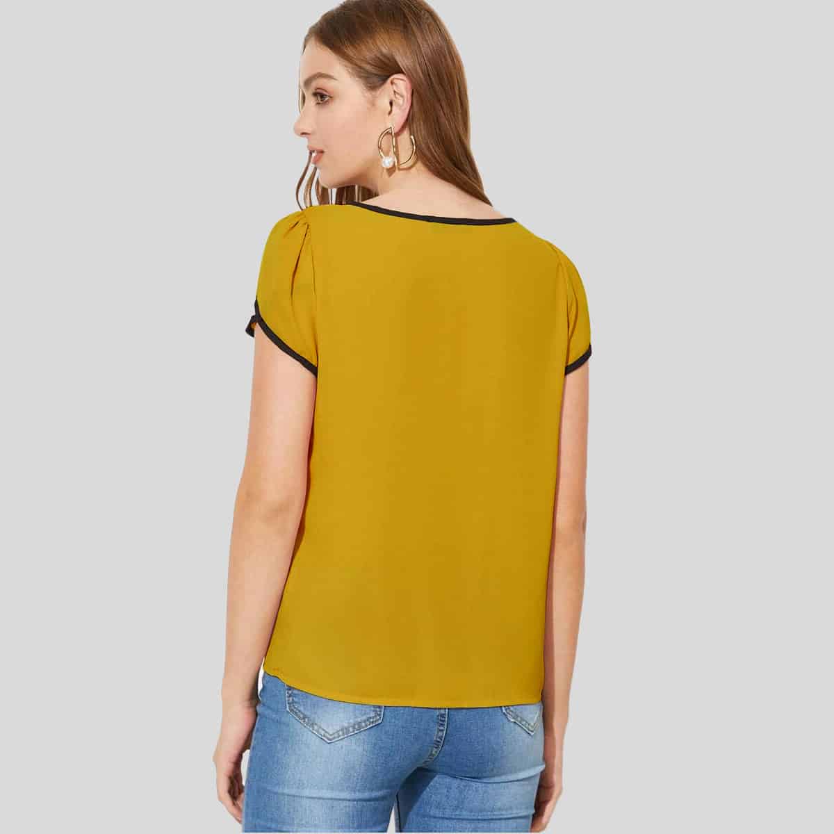 Yellow Petal Sleeve Contrast Binding Top-RCT093