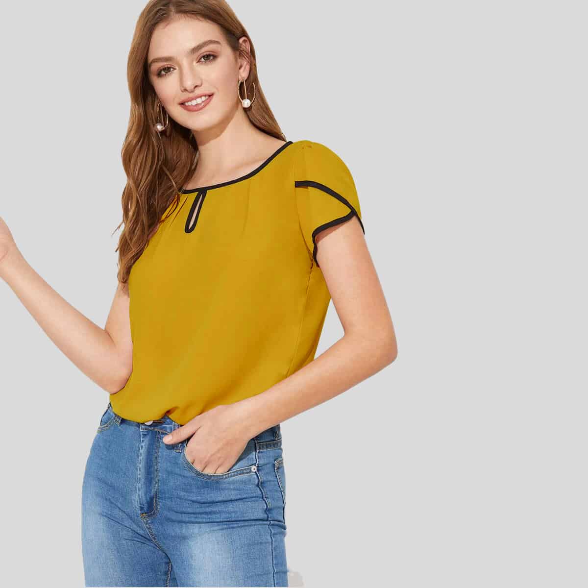 Yellow Petal Sleeve Contrast Binding Top-RCT093