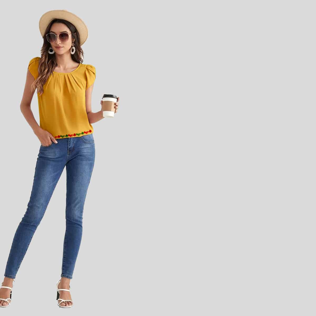 Yellow Petal Sleeve Fold Pleated Top-RCT095