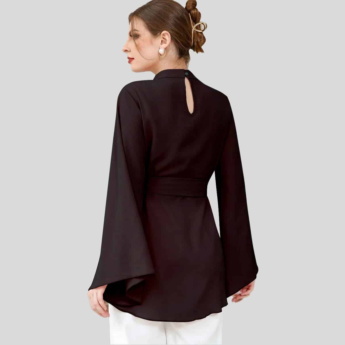 Black Flounce Sleeve Curved Hem Belted Top-RCT098