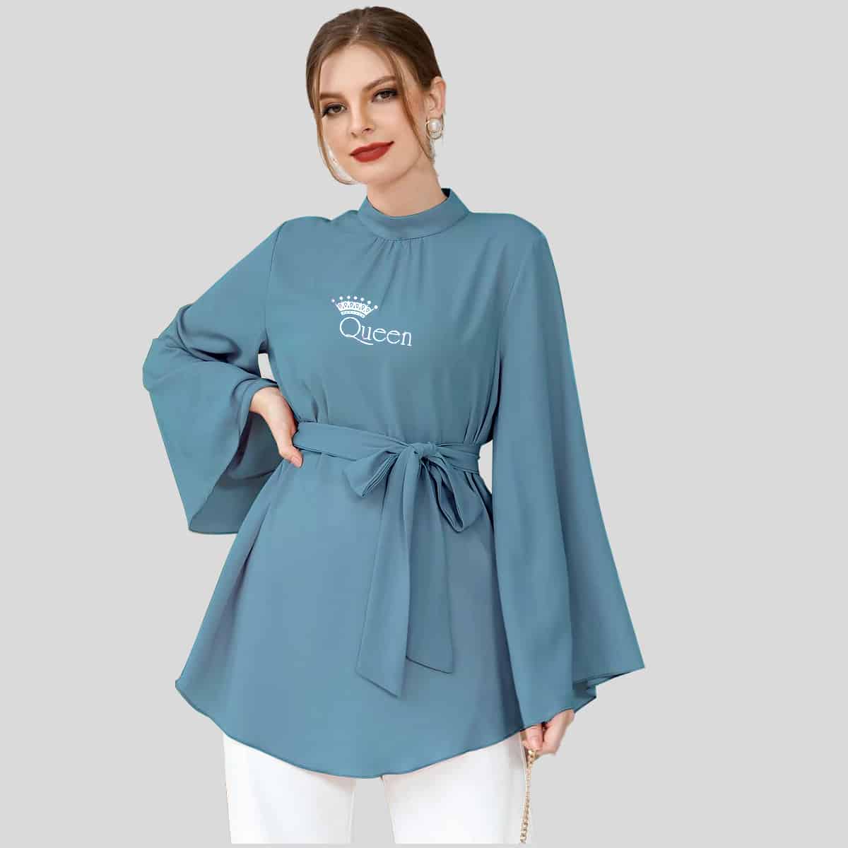 Blue Flounce Sleeve Curved Hem Belted Top-RCT099
