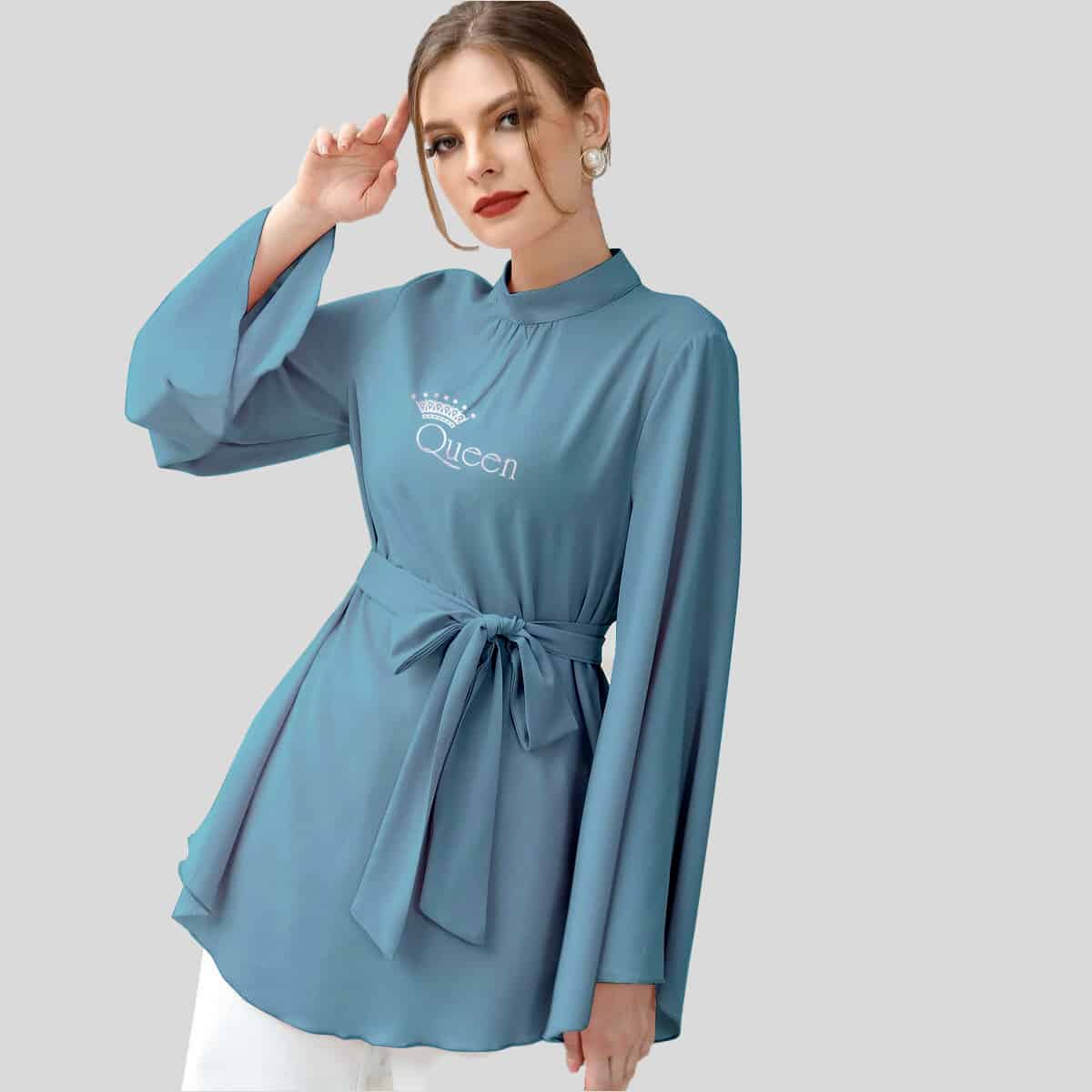 Blue Flounce Sleeve Curved Hem Belted Top-RCT099