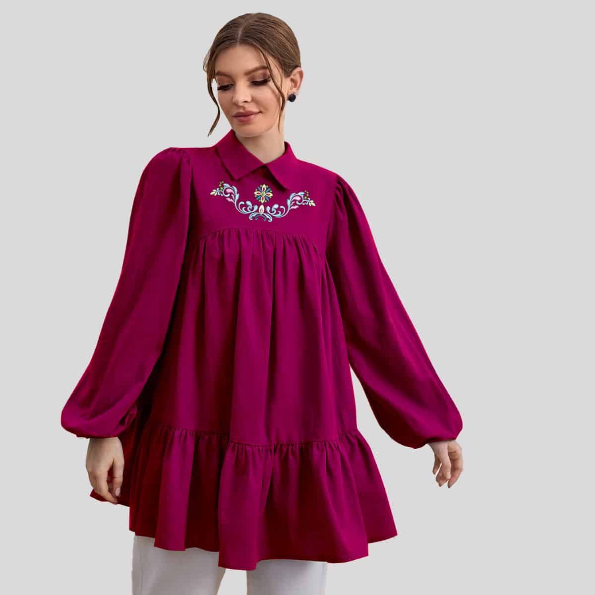 Beet Red Keyhole Back Lantern Sleeve Ruffle Hem Top-RCT100