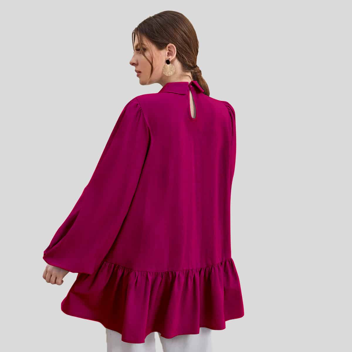 Beet Red Keyhole Back Lantern Sleeve Ruffle Hem Top-RCT100