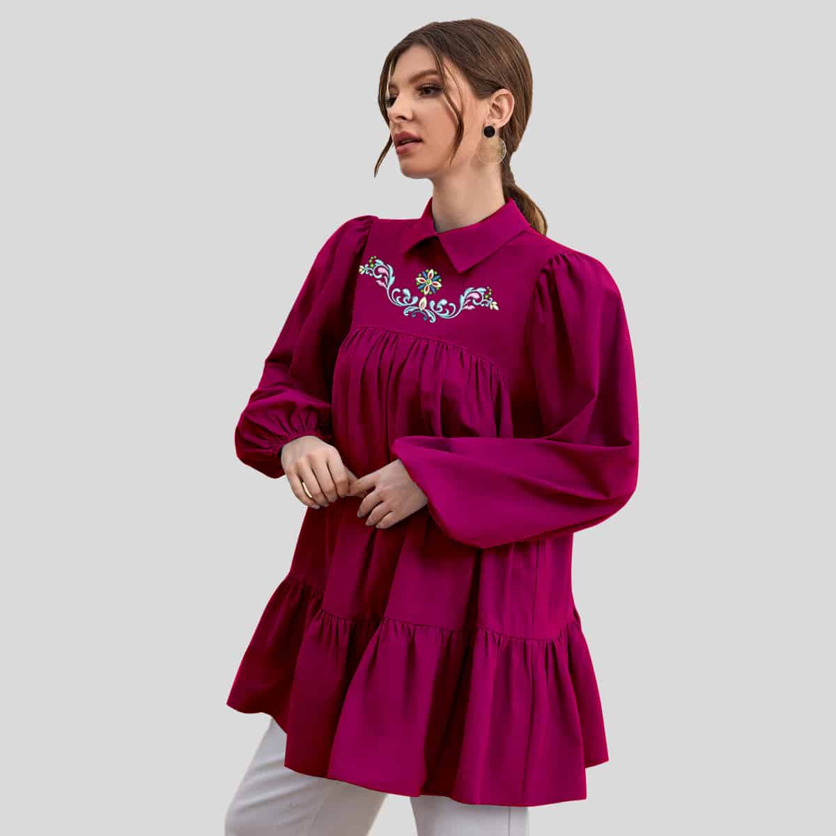 Beet Red Keyhole Back Lantern Sleeve Ruffle Hem Top-RCT100