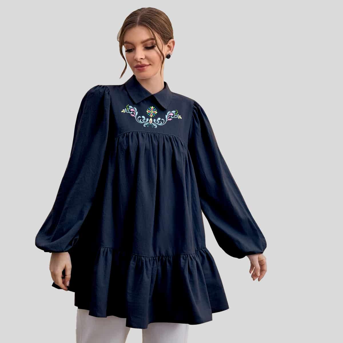 Black Keyhole Back Lantern Sleeve Ruffle Hem Top-RCT101