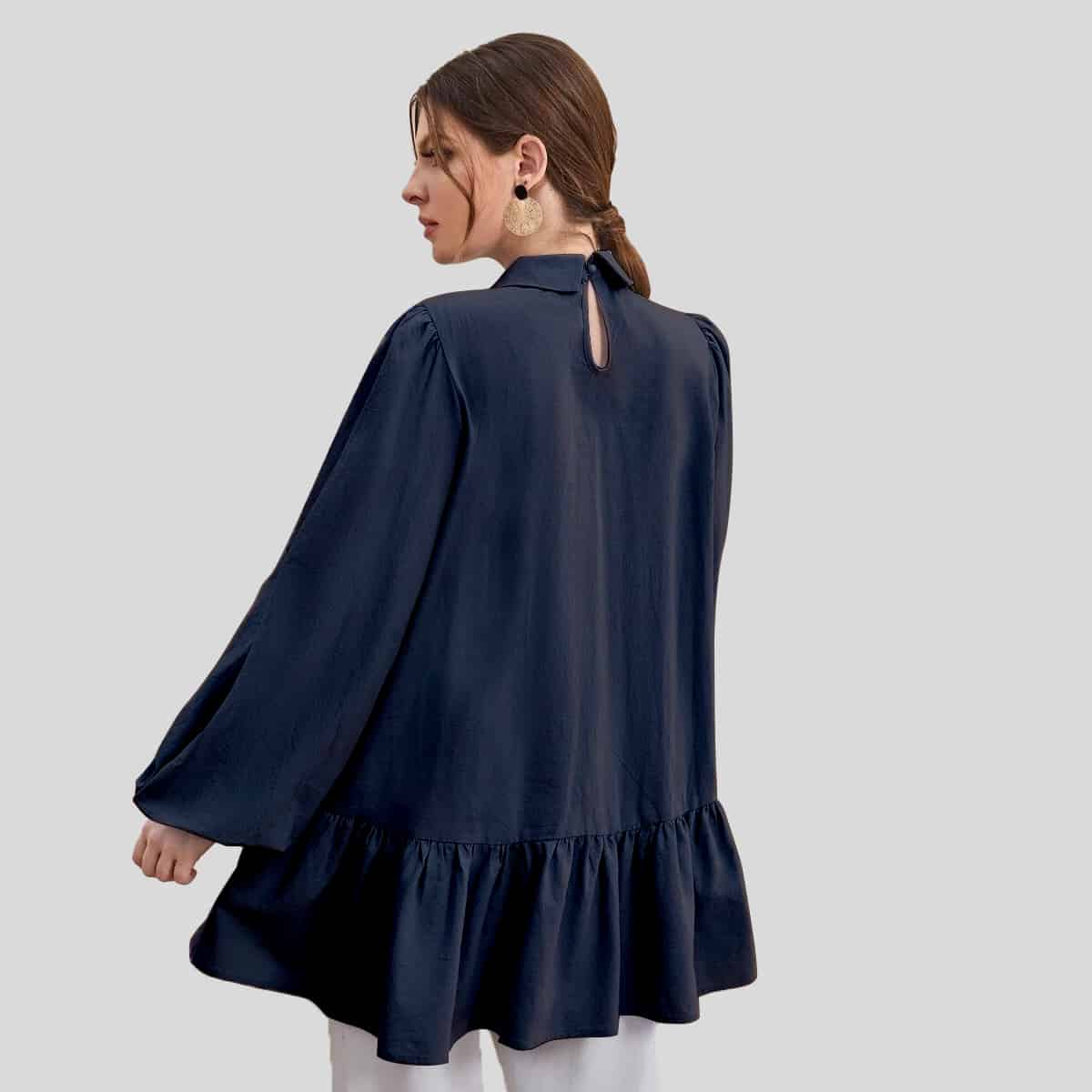 Black Keyhole Back Lantern Sleeve Ruffle Hem Top-RCT101