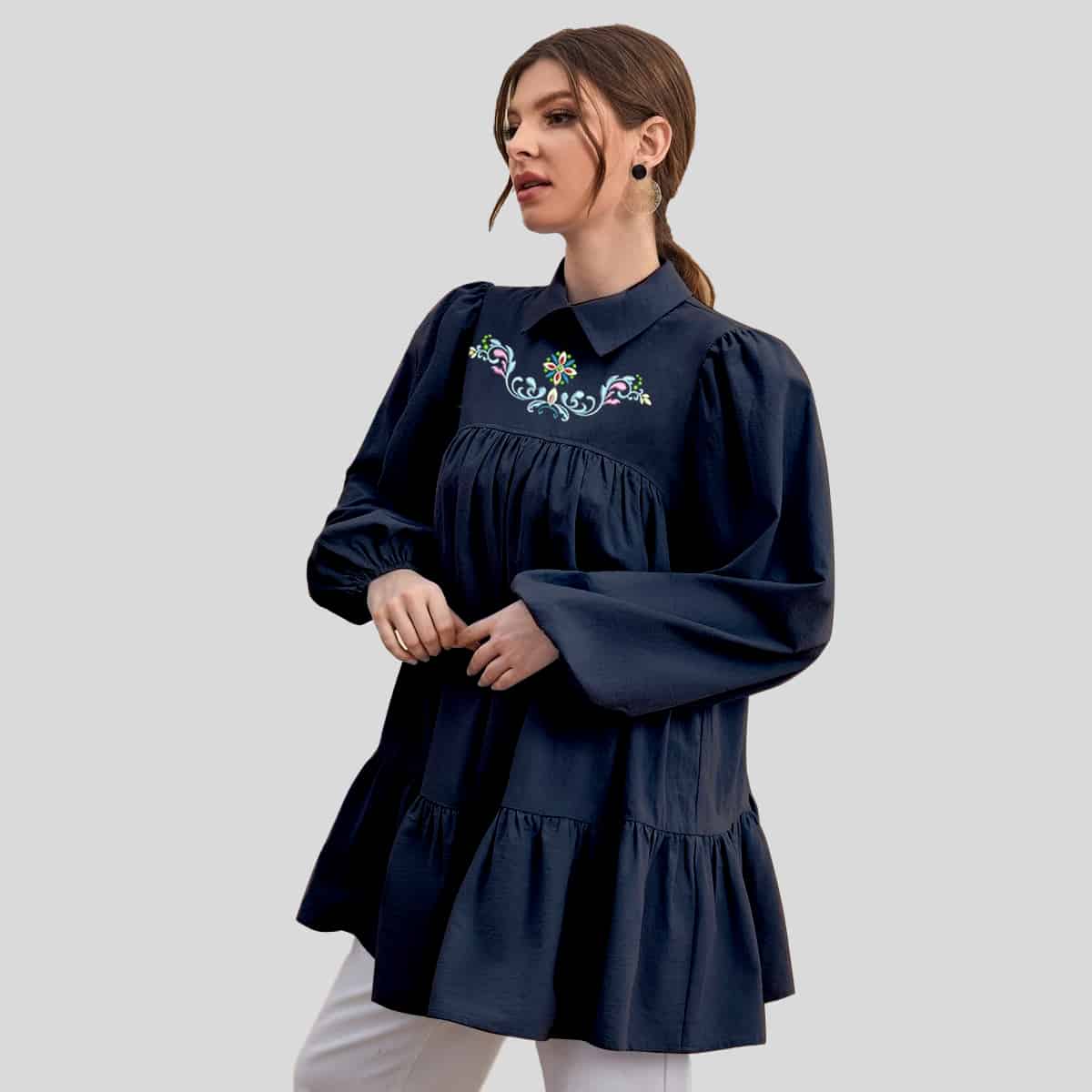 Black Keyhole Back Lantern Sleeve Ruffle Hem Top-RCT101