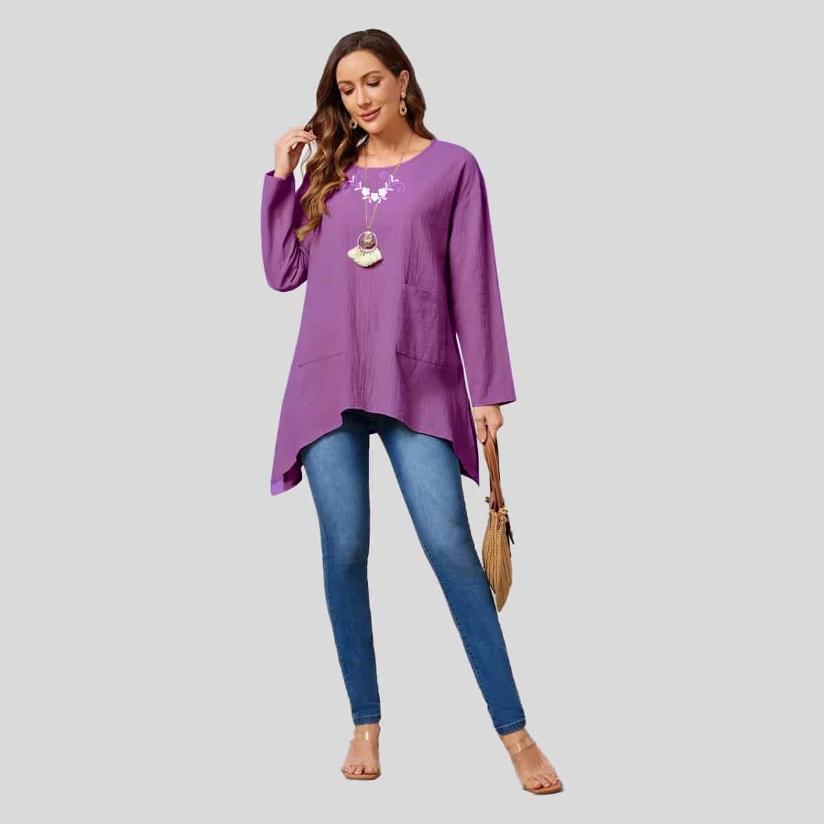 Double Pocket Drop Shoulder Asymmetrical Hem Top-RCT102