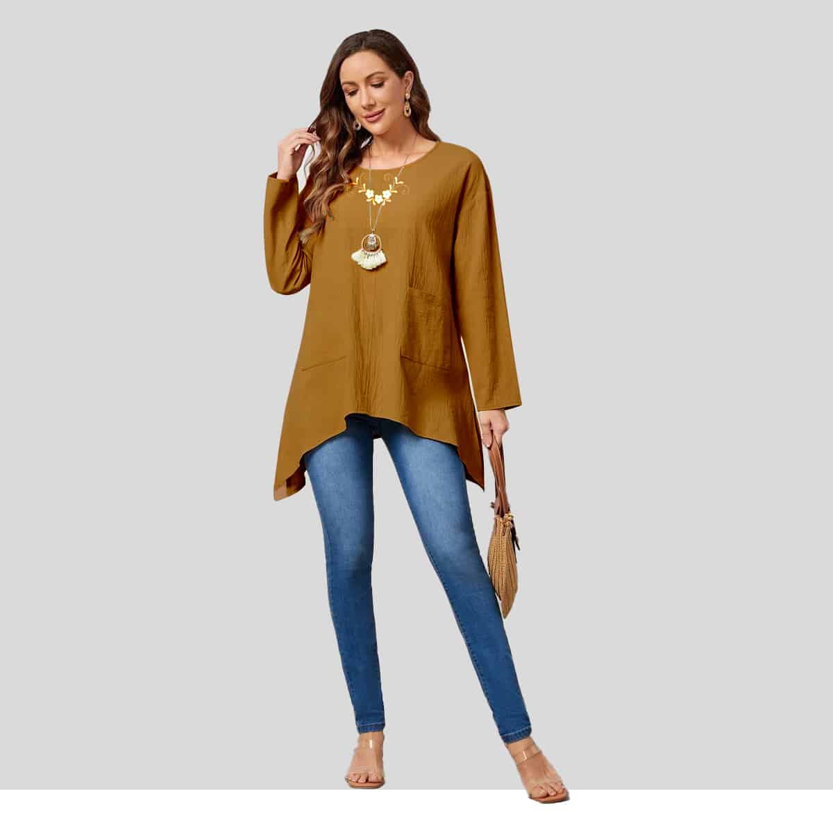 Light Brown Double Pocket Drop Shoulder Asymmetrical Hem Top-RCT103