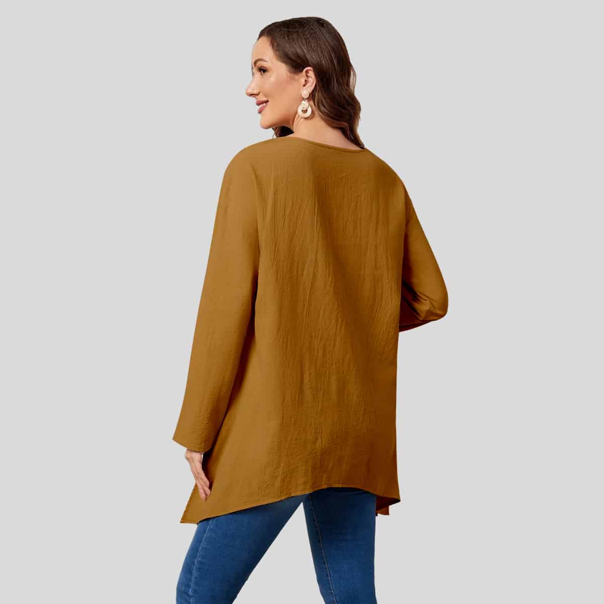 Light Brown Double Pocket Drop Shoulder Asymmetrical Hem Top-RCT103