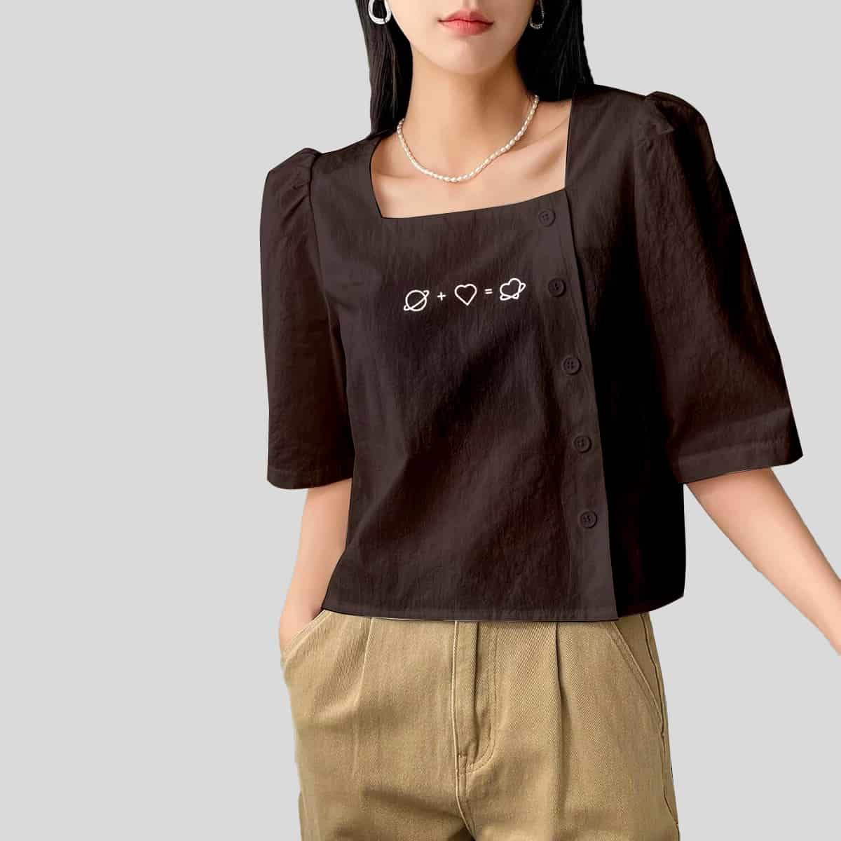 Black Button Front Square Neck Blouse-RCT104