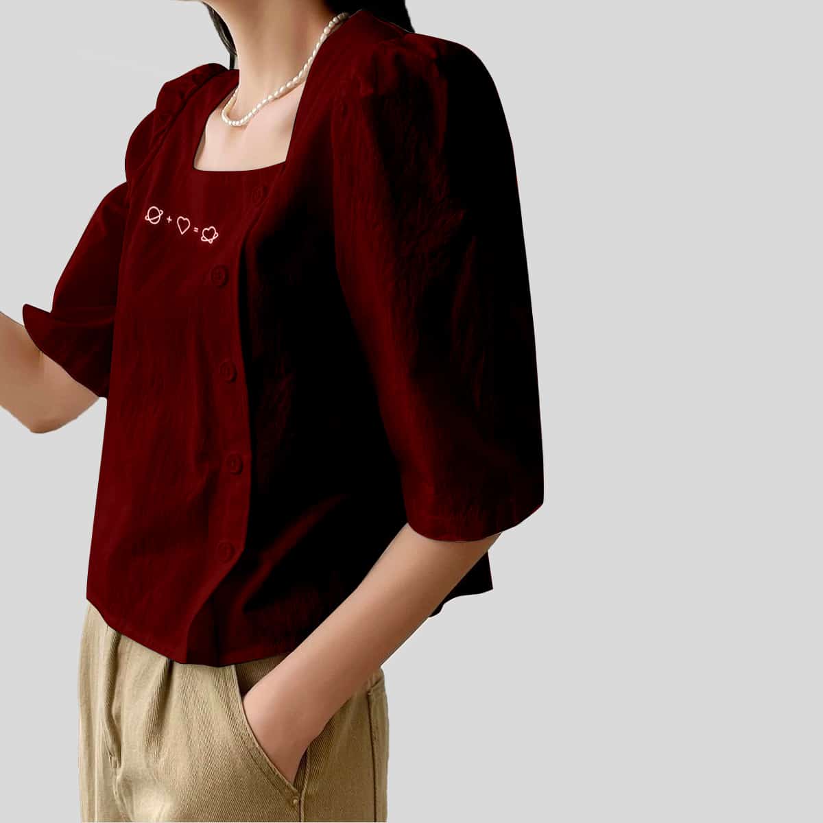 Maroon Button Front Square Neck Blouse-RCT105