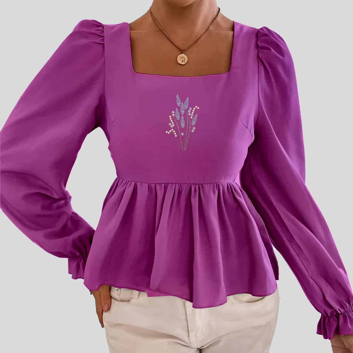 Purple Bell Sleeve Ruffle Hem Peplum Top-RCT106