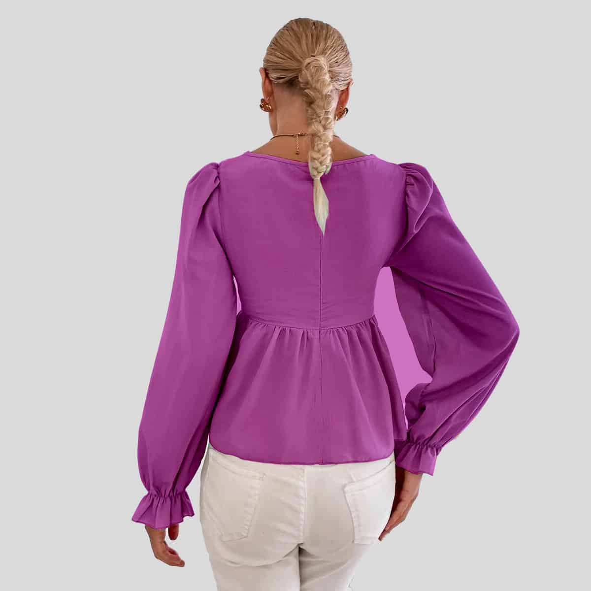 Purple Bell Sleeve Ruffle Hem Peplum Top-RCT106