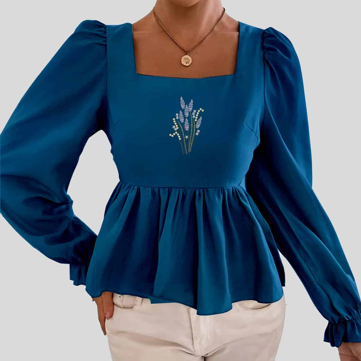 Blue Bell Sleeve Ruffle Hem Peplum Top-RCT107