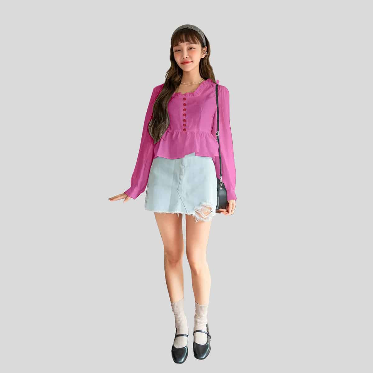 Light Pink Ruffle Trim Bishop Sleeve Top-RCT108