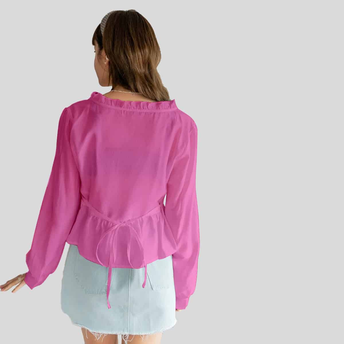 Light Pink Ruffle Trim Bishop Sleeve Top-RCT108