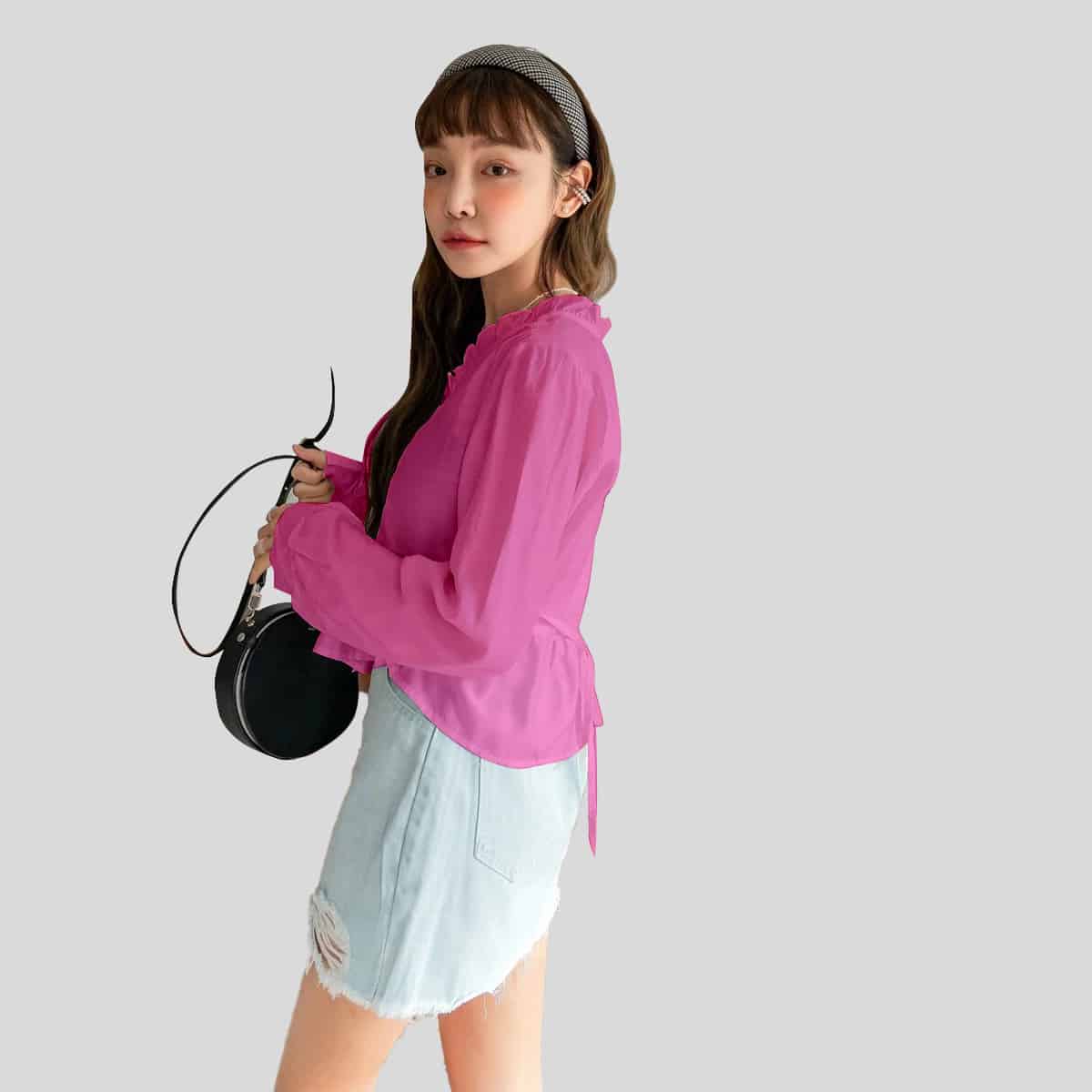 Light Pink Ruffle Trim Bishop Sleeve Top-RCT108
