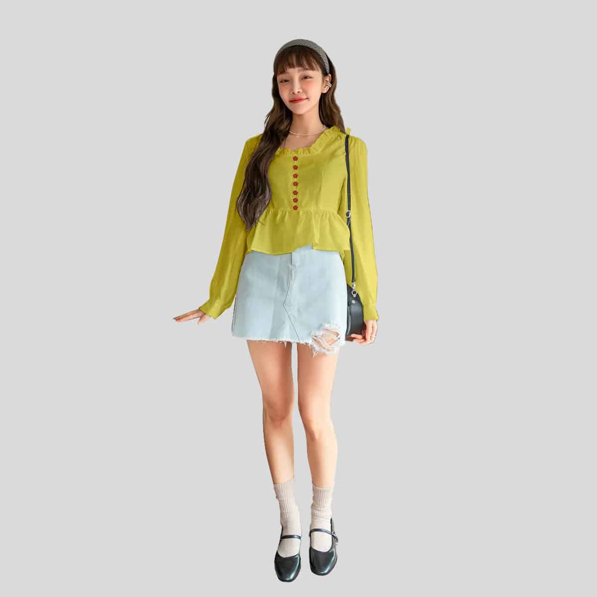 Yellow Ruffle Trim Bishop Sleeve Top-RCT109