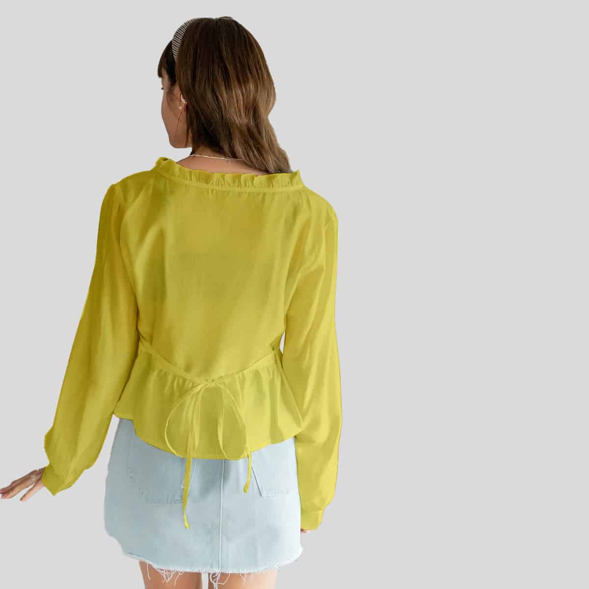 Yellow Ruffle Trim Bishop Sleeve Top-RCT109