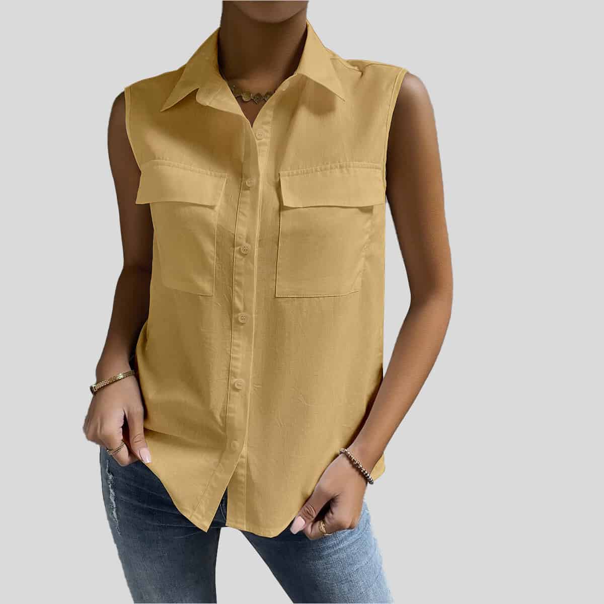 Cream Flap Pocket Sleeveless Top-RCT111