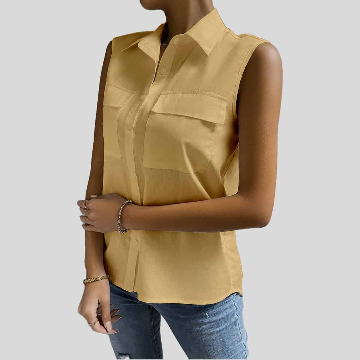 Cream Flap Pocket Sleeveless Top-RCT111