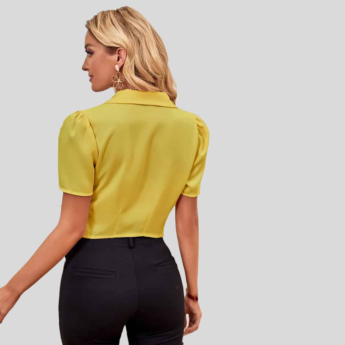 Yellow Lapel Neck Button Front Top-RCT112