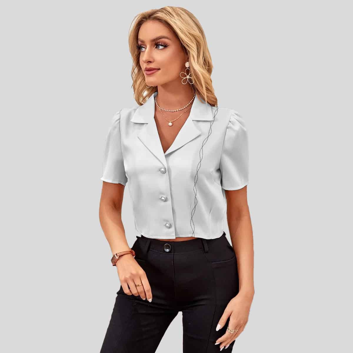 White Lapel Neck Button Front Top-RCT113