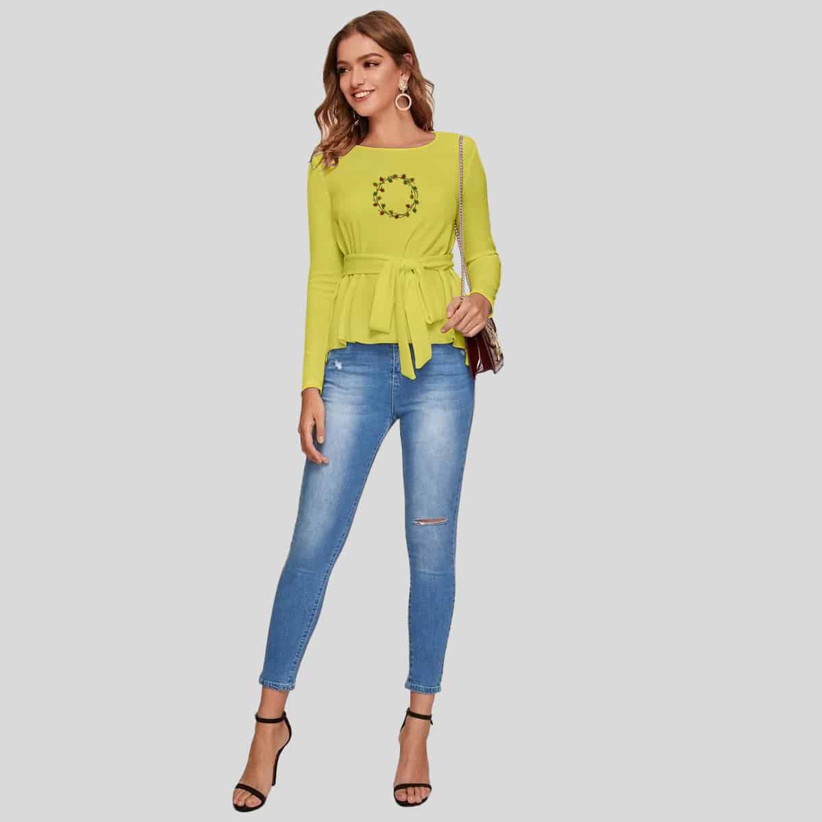 Yellow Dip Hem Self Belted Solid Top-RCT117