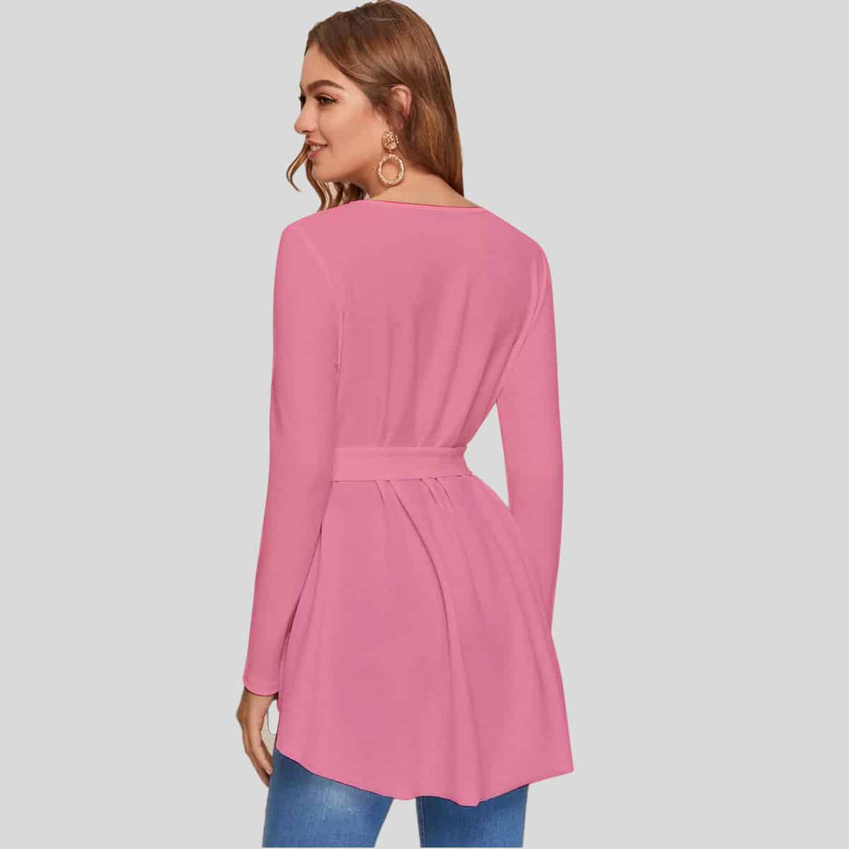 Light Pink Dip Hem Self Belted Solid Top-RCT118