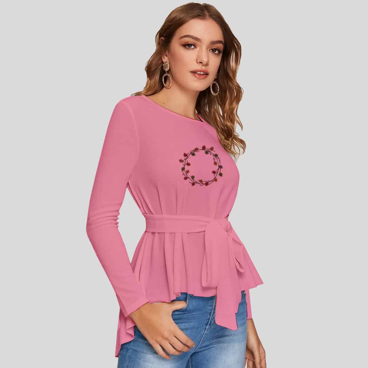 Light Pink Dip Hem Self Belted Solid Top-RCT118
