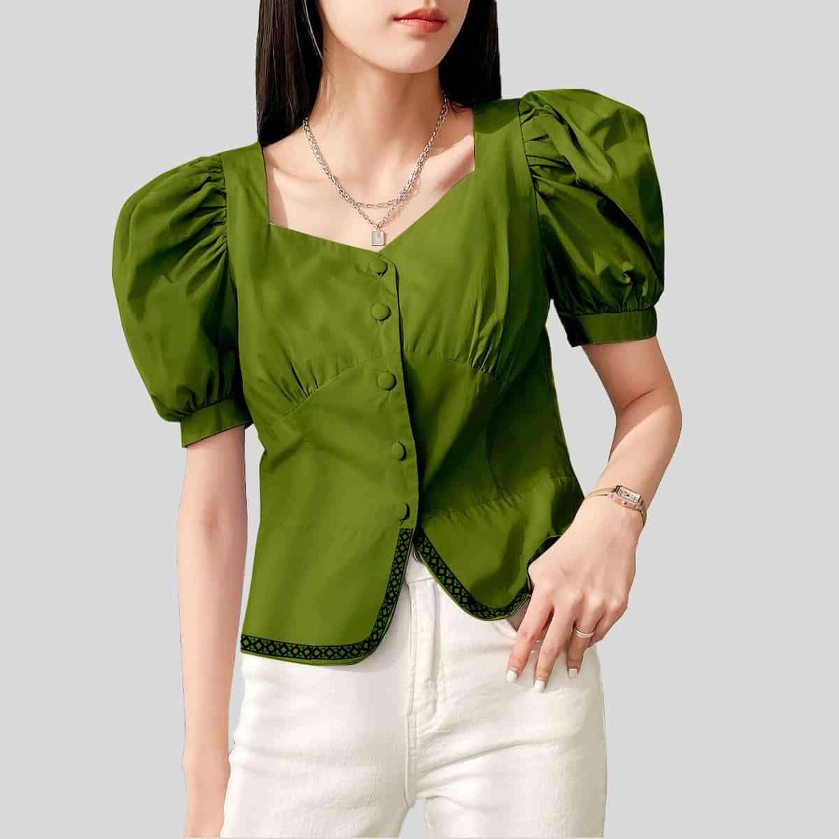 Green Puff Sleeve Button Front-RCT126
