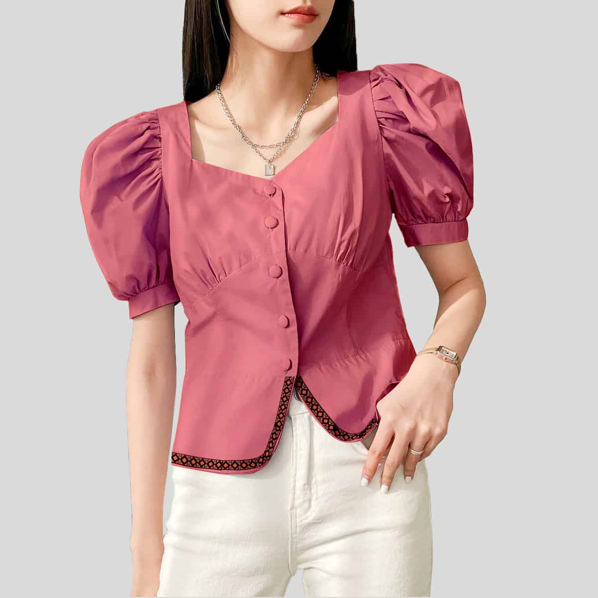 Pink Puff Sleeve Button Front-RCT127