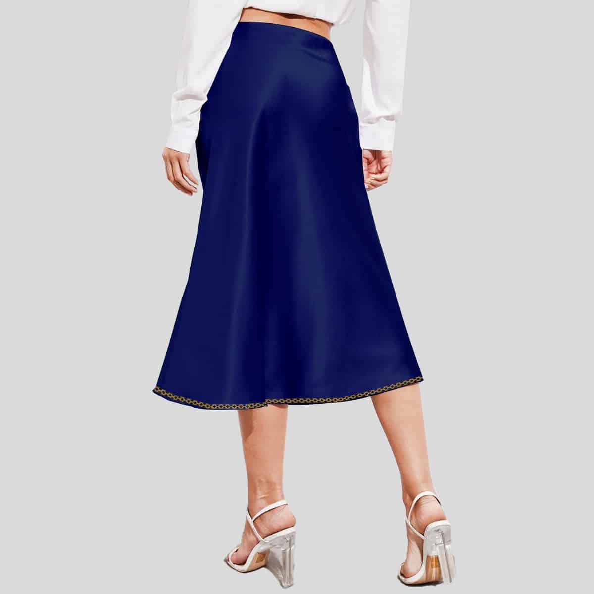 Navy Blue Zipper Side Solid Satin Skirt with Print Detailed-RES013