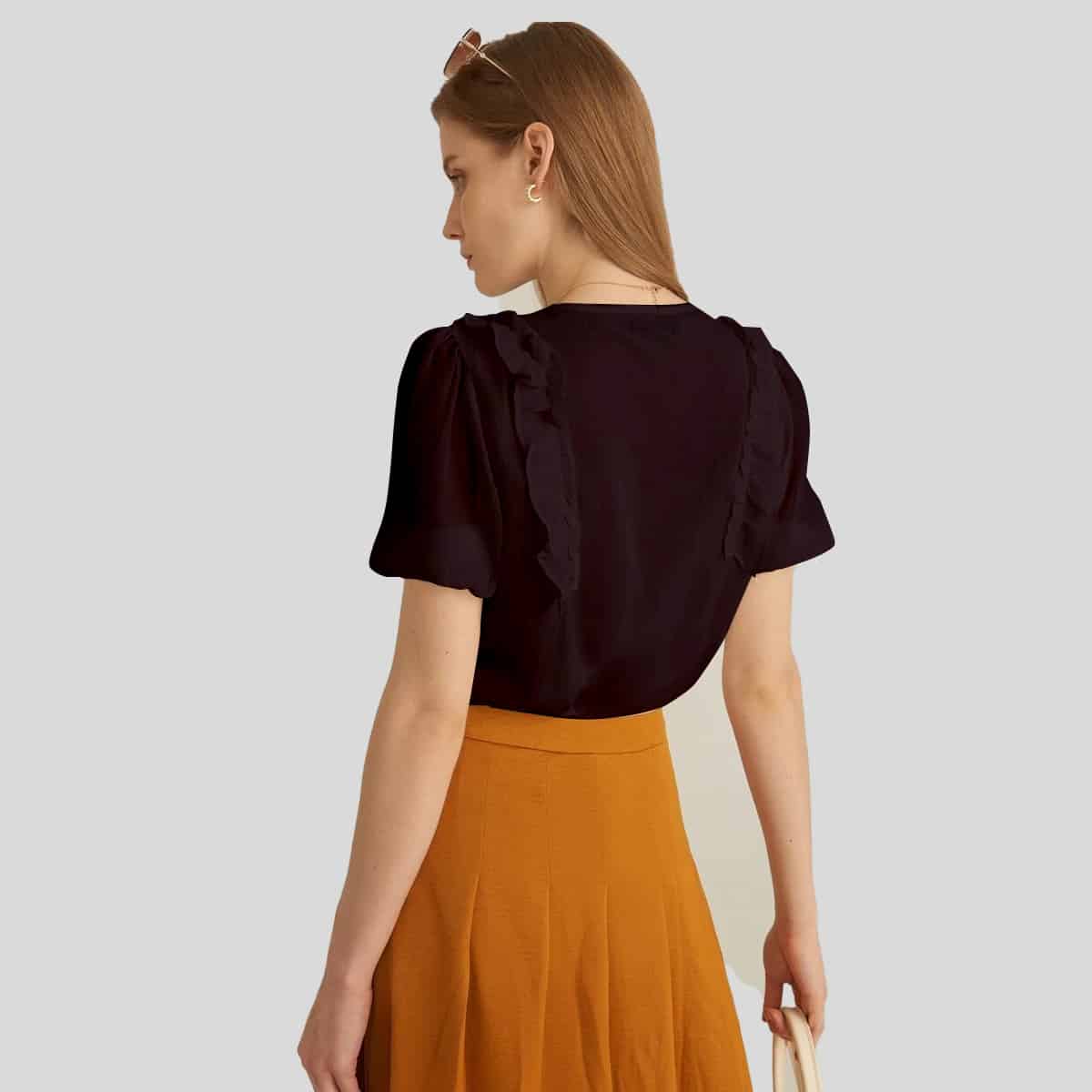 Black Puff Sleeve Ruffle Trim-RET088A