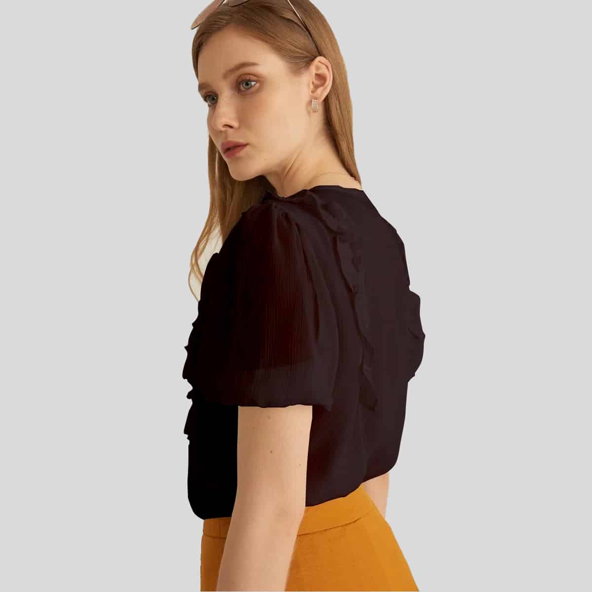 Black Puff Sleeve Ruffle Trim-RET088A