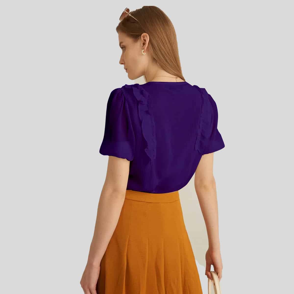 Navy Blue Puff Sleeve Ruffle Trim-RET088B
