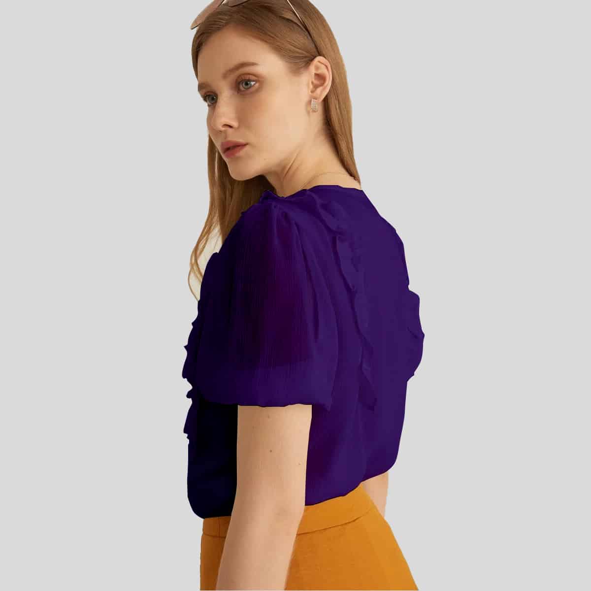 Navy Blue Puff Sleeve Ruffle Trim-RET088B