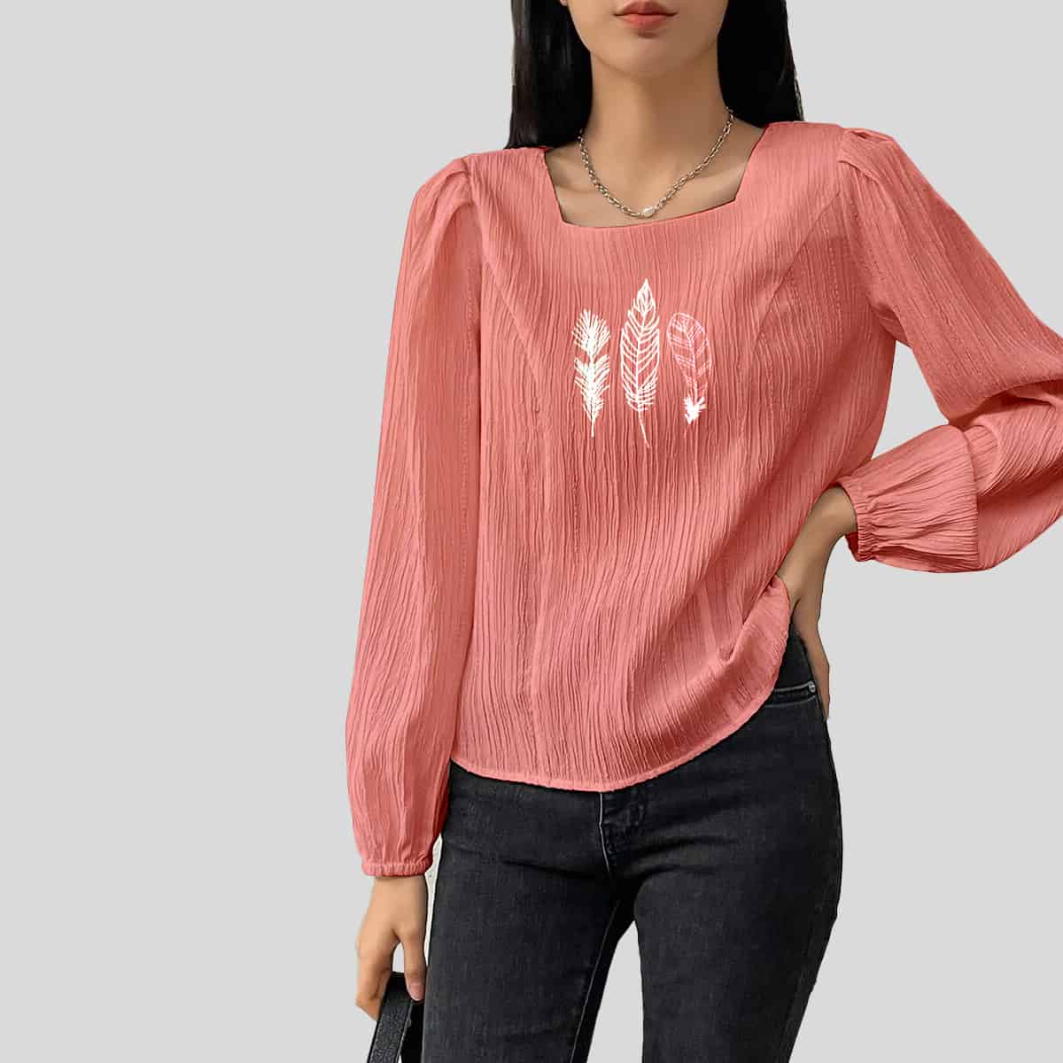 Peach Square Neck Bishop Sleeve Textured Blouse-RET089A