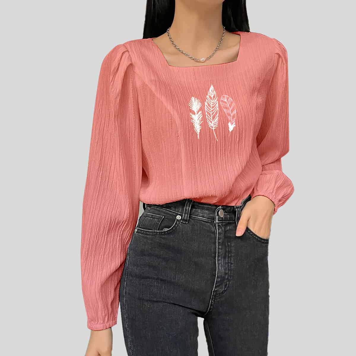 Peach Square Neck Bishop Sleeve Textured Blouse-RET089A