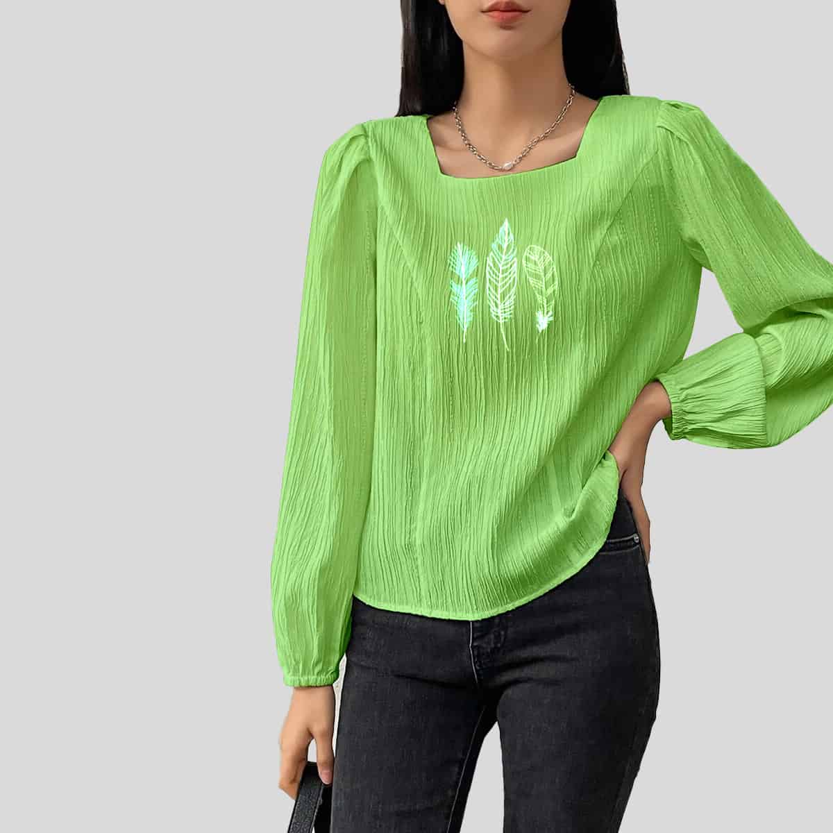 Pista Green Square Neck Bishop Sleeve Textured Blouse-RET089B