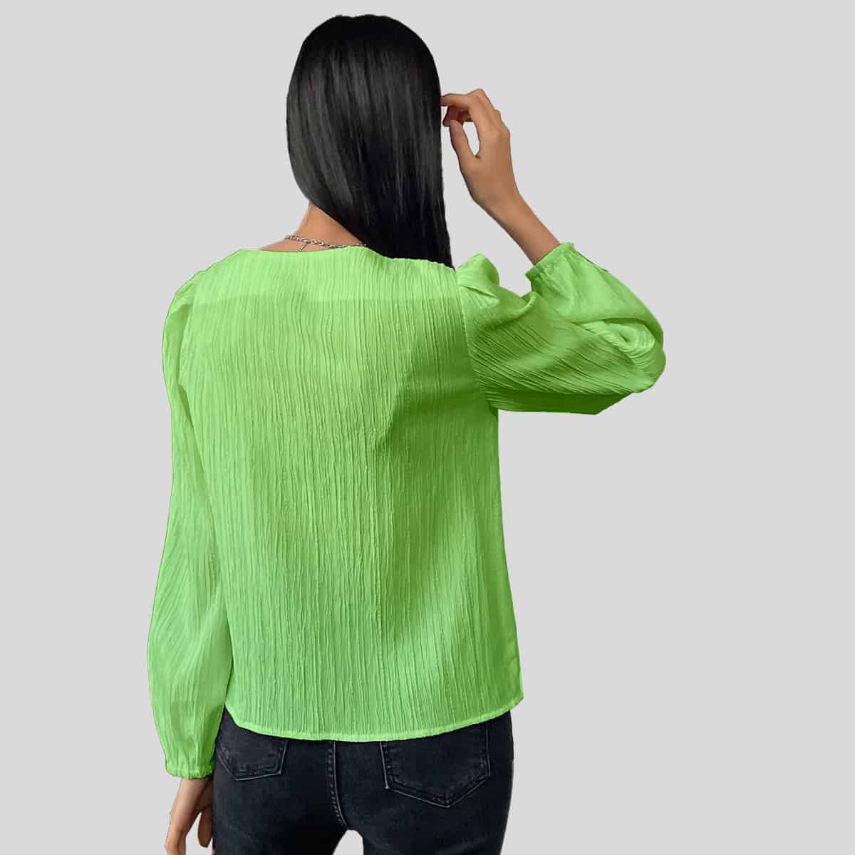 Pista Green Square Neck Bishop Sleeve Textured Blouse-RET089B