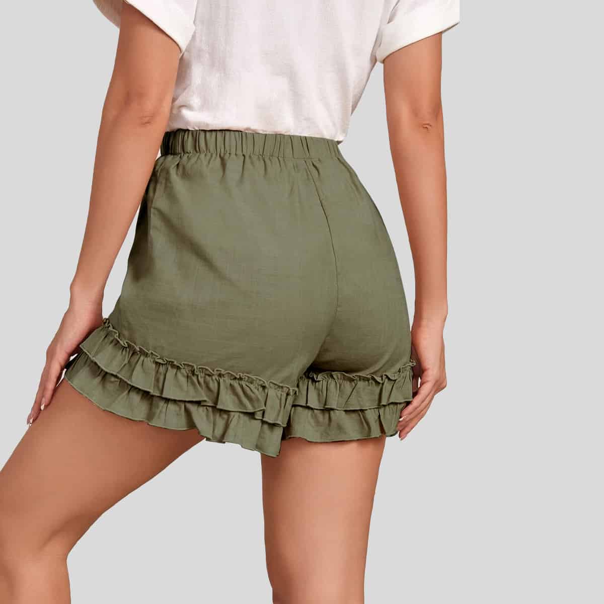 Grey Tie Front Layered Ruffle Trim Shorts-RFS009