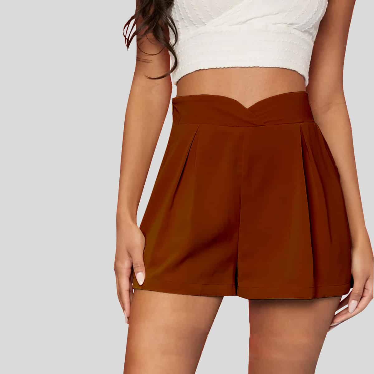 Brown Plicate Detail Wide Leg Shorts-RFS013