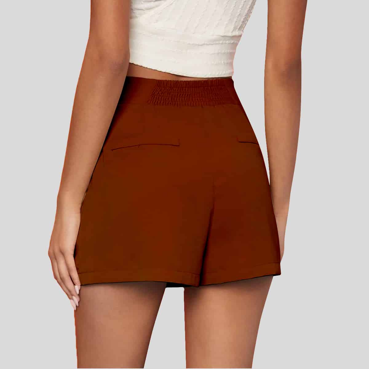 Brown Plicate Detail Wide Leg Shorts-RFS013